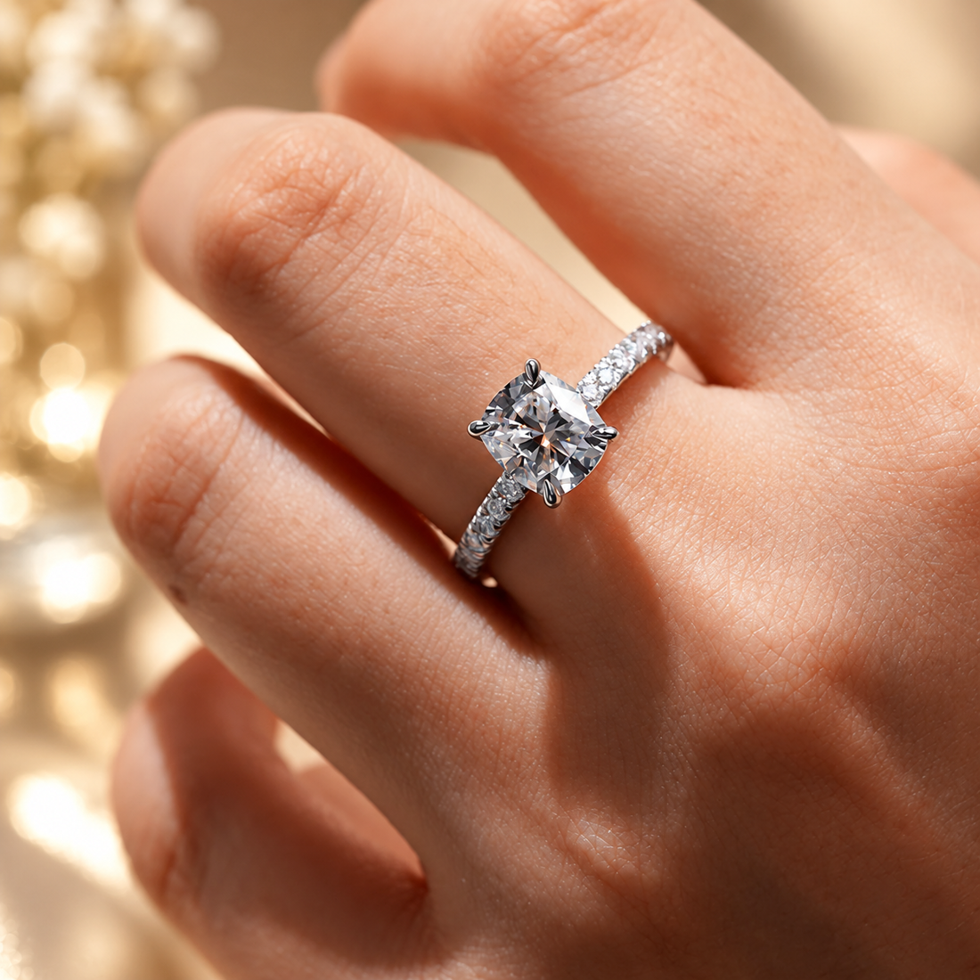Cushion-Cut Moissanite Engagement Ring with Hidden Halo