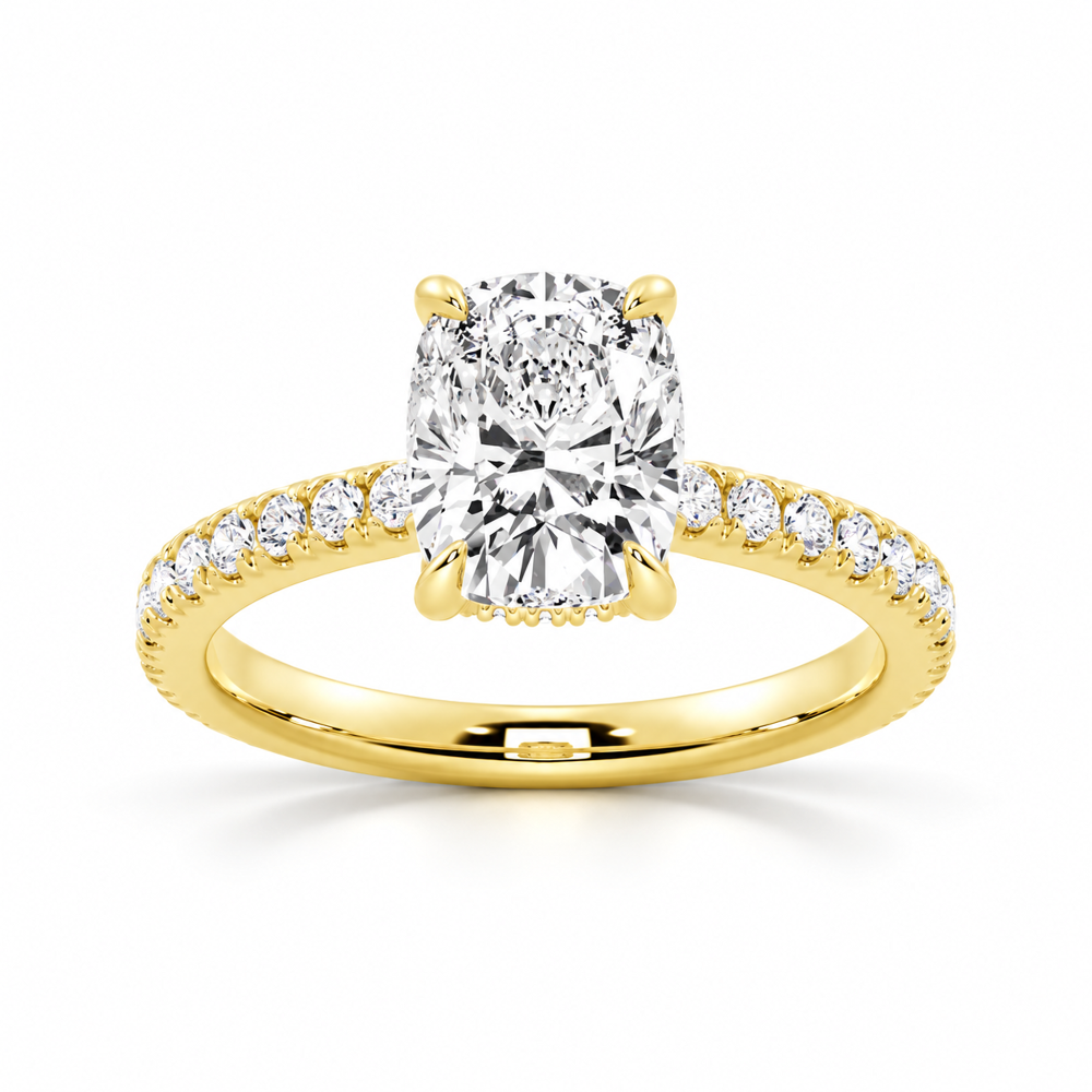 Yellow gold cushion cut moissanite engagement ring front view showing pave band and hidden halo