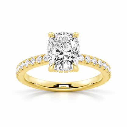 Yellow gold cushion cut moissanite engagement ring front view showing pave band and hidden halo