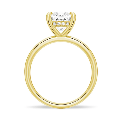 Yellow gold cushion cut moissanite engagement ring side profile view showing hidden halo basket
