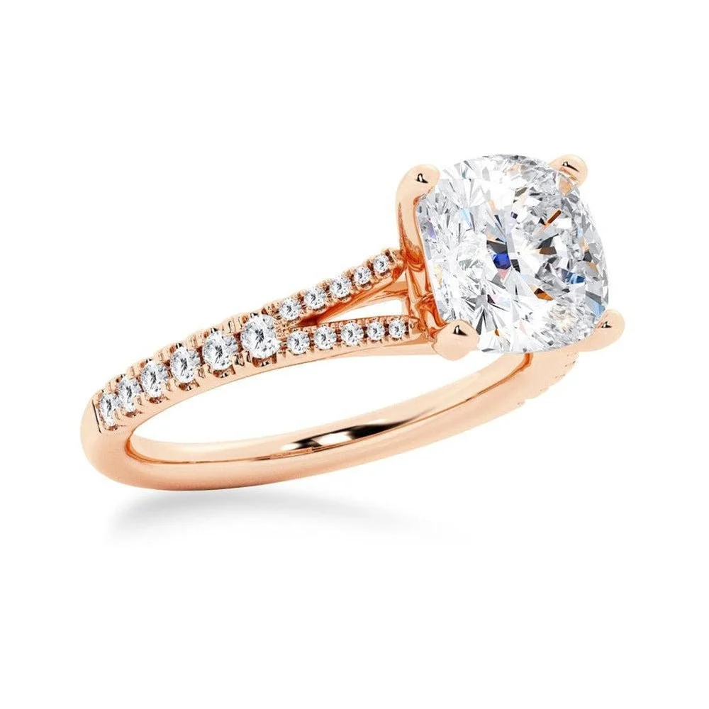 Rose gold pave moissanite wedding band 3/4 perspective view for cushion bridal set