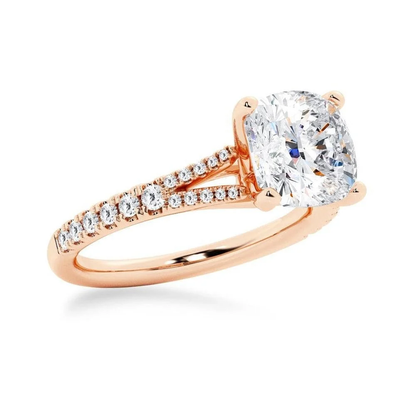 Rose gold pave moissanite wedding band 3/4 perspective view for cushion bridal set