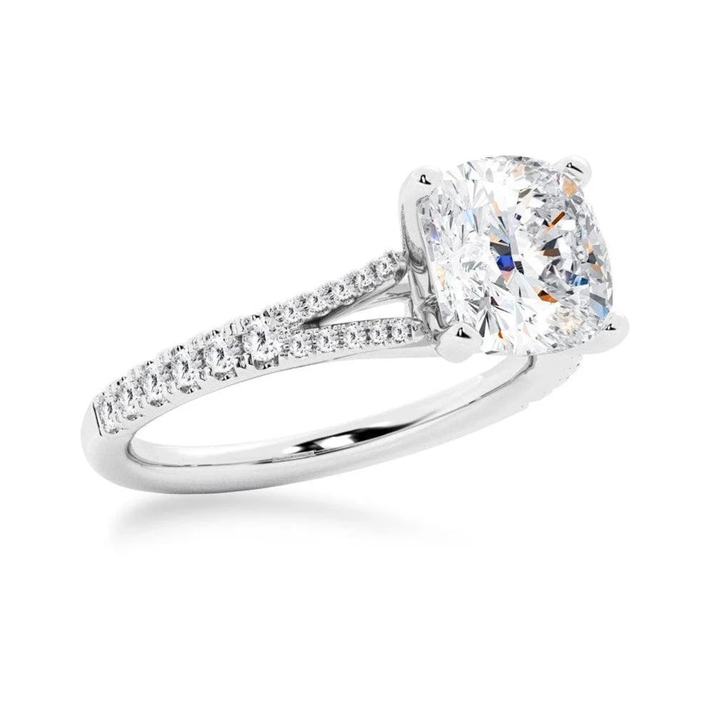 White gold pave moissanite wedding band 3/4 perspective view for cushion bridal set