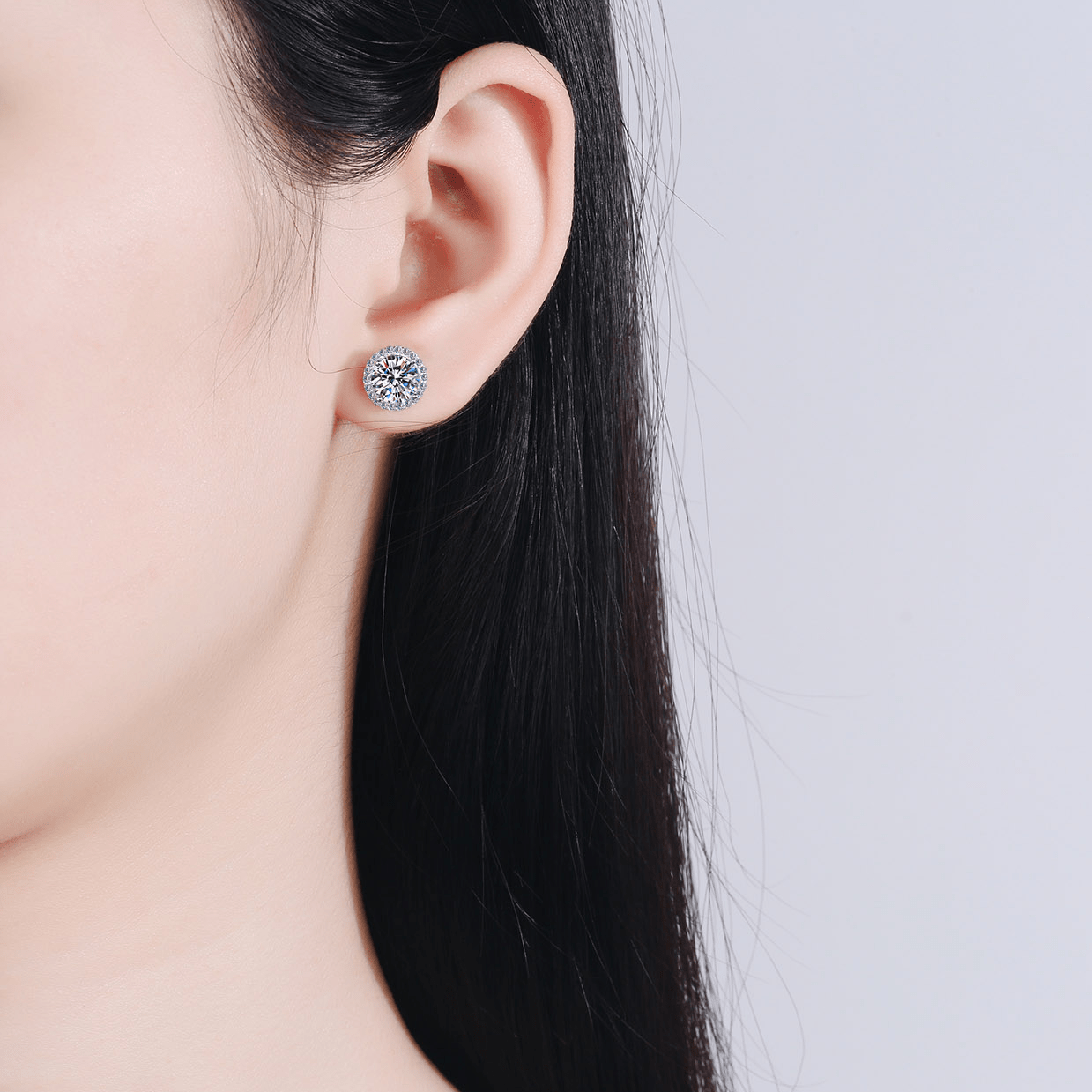 Round Moissanite Stud Earrings Worn on Ear in White Gold - Novelle Vow