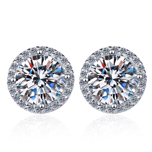 Round Moissanite Stud Earrings with Classic Pave Halo Setting in White Gold - Novelle Vow
