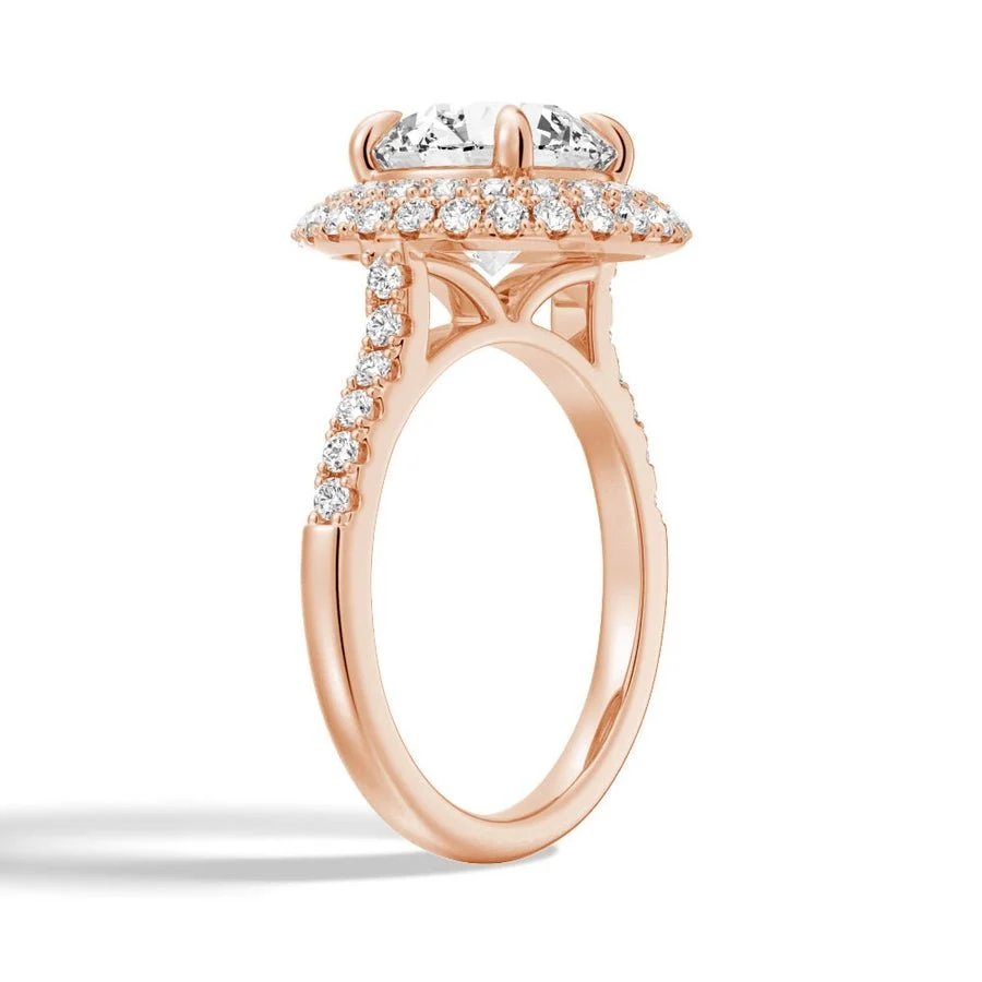 Rose gold double halo round moissanite ring 3/4 perspective view