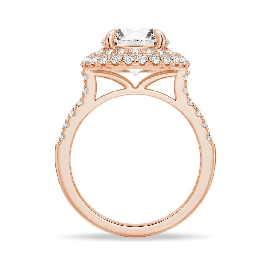 Rose gold double halo round moissanite engagement ring side profile