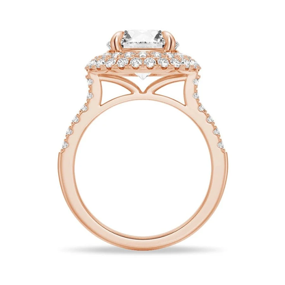Rose gold double halo round moissanite engagement ring side profile