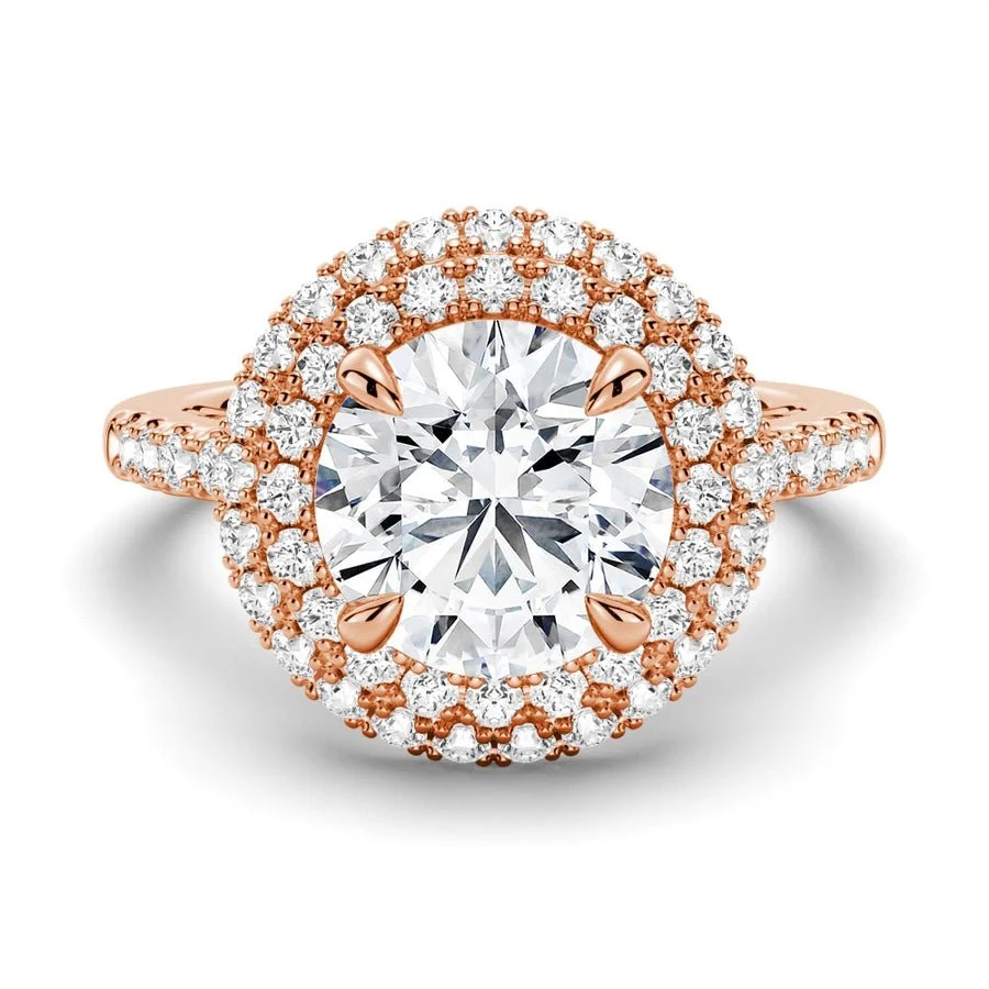 Rose gold double halo round moissanite engagement ring top view
