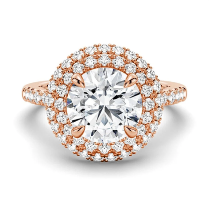 Rose gold double halo round moissanite engagement ring top view