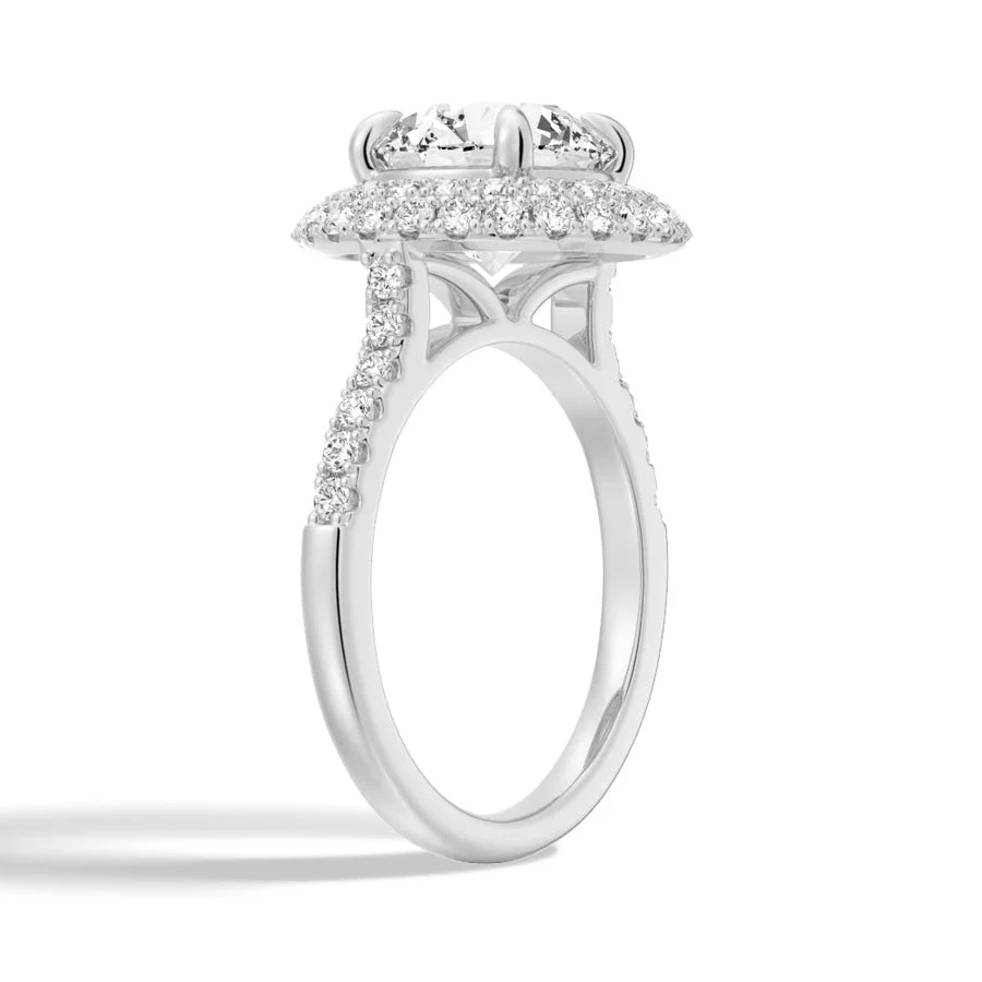 White gold double halo round moissanite ring 3/4 perspective view