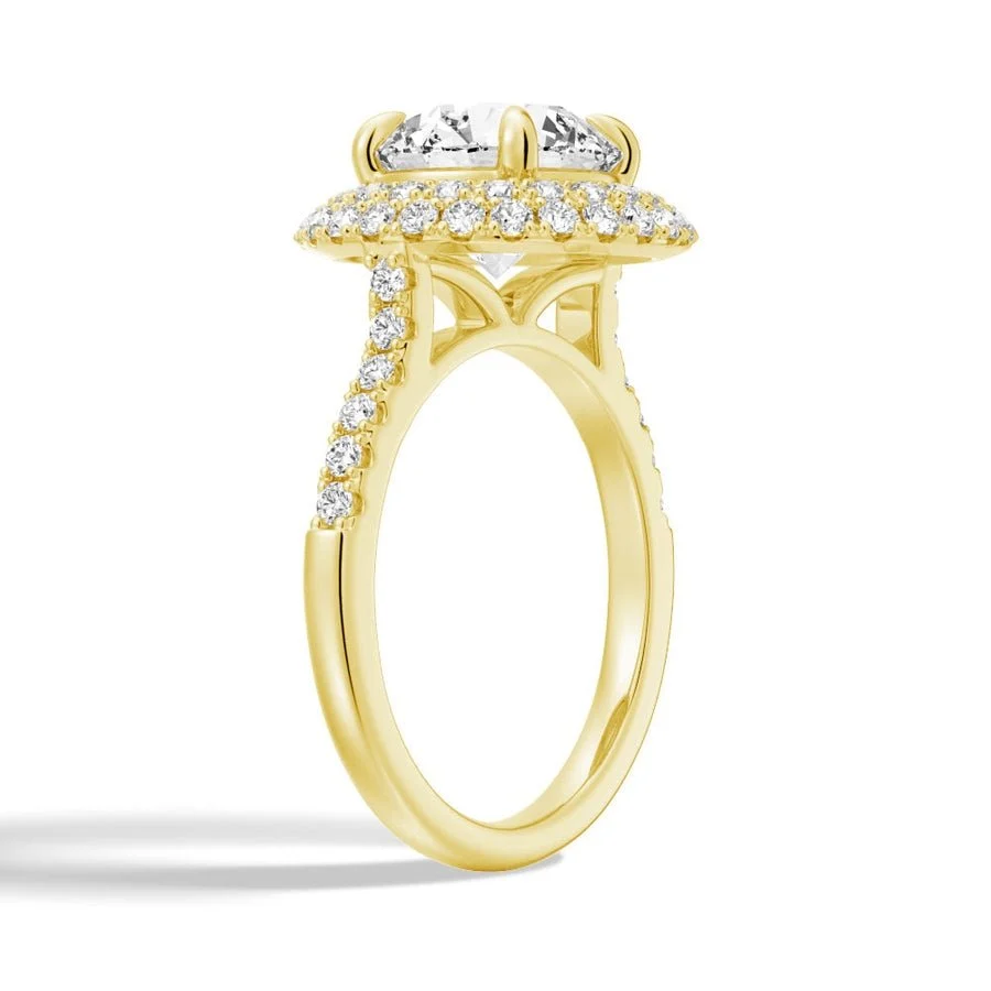 Yellow gold double halo round moissanite ring 3/4 perspective view