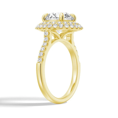 Yellow gold double halo round moissanite ring 3/4 perspective view