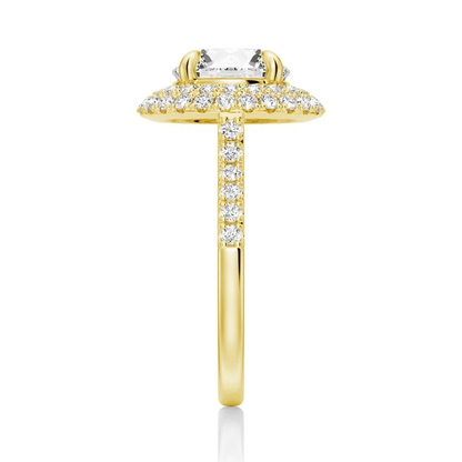 Yellow gold double halo round moissanite ring side view showing pave band details