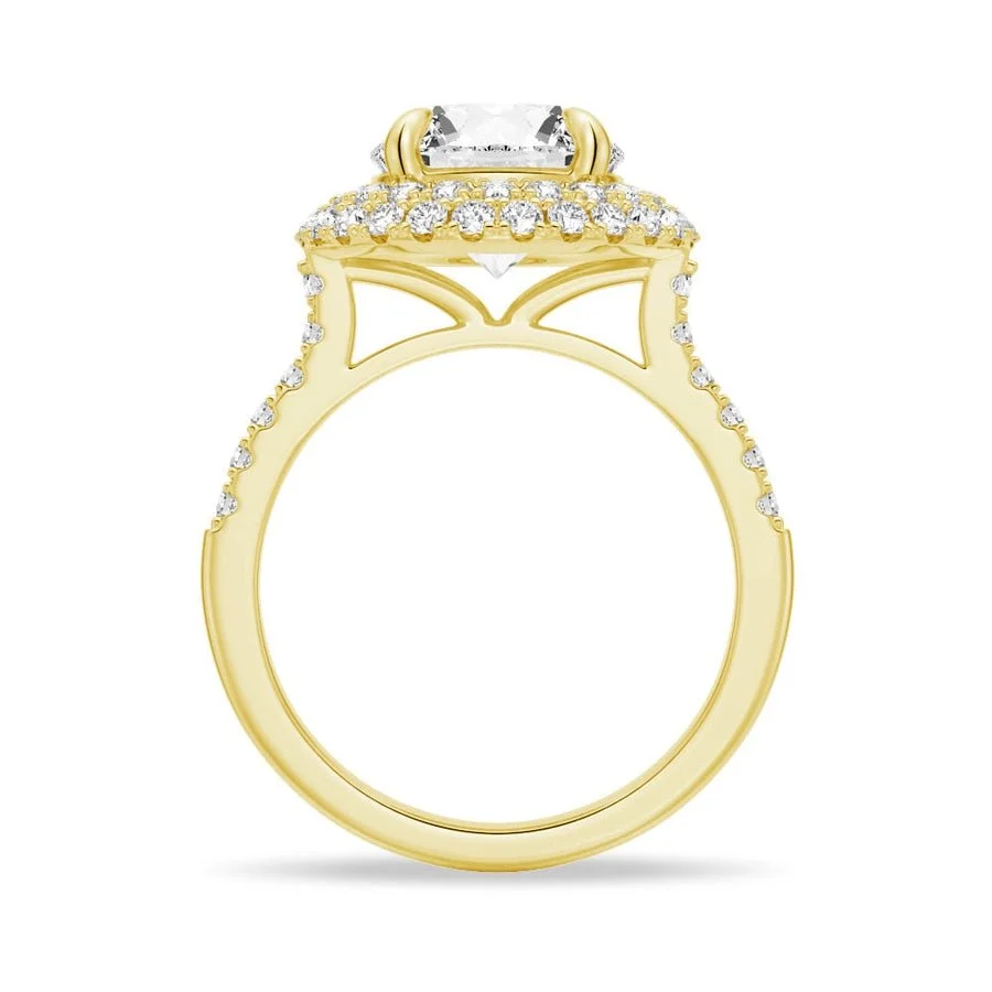 Yellow gold double halo round moissanite engagement ring side basket profile