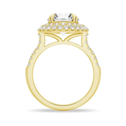 Yellow gold double halo round moissanite engagement ring side basket profile