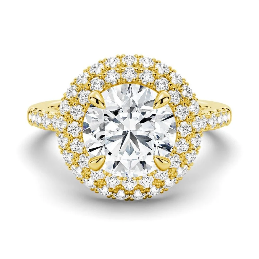 Yellow gold double halo round moissanite engagement ring top view