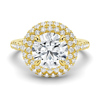 Yellow gold double halo round moissanite engagement ring top view