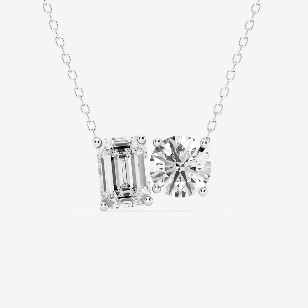 White gold east-west emerald cut and round moissanite two-stone pendant necklace top view-Novelle Vow