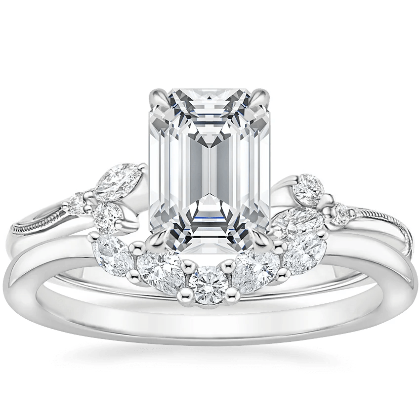 Emerald-Cut Moissanite Engagement Ring with Botanical Vine Band - Novelle Vow