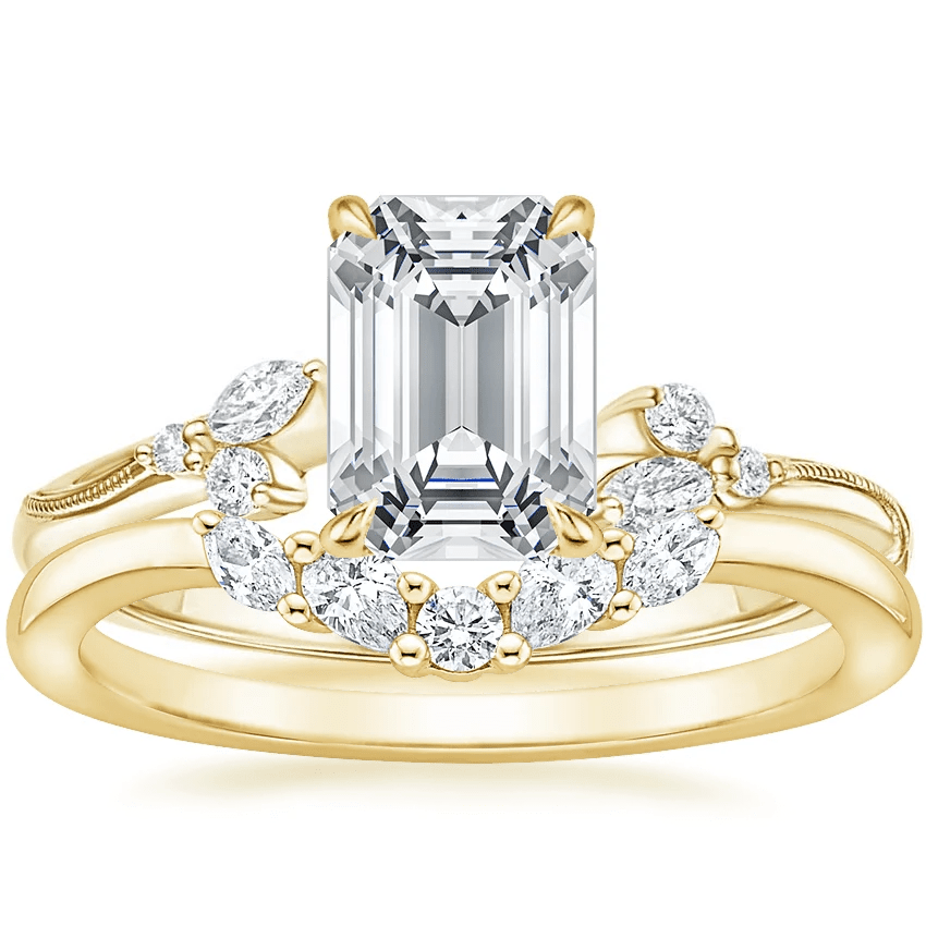Emerald-Cut Moissanite Engagement Ring with Botanical Vine Band - Novelle Vow