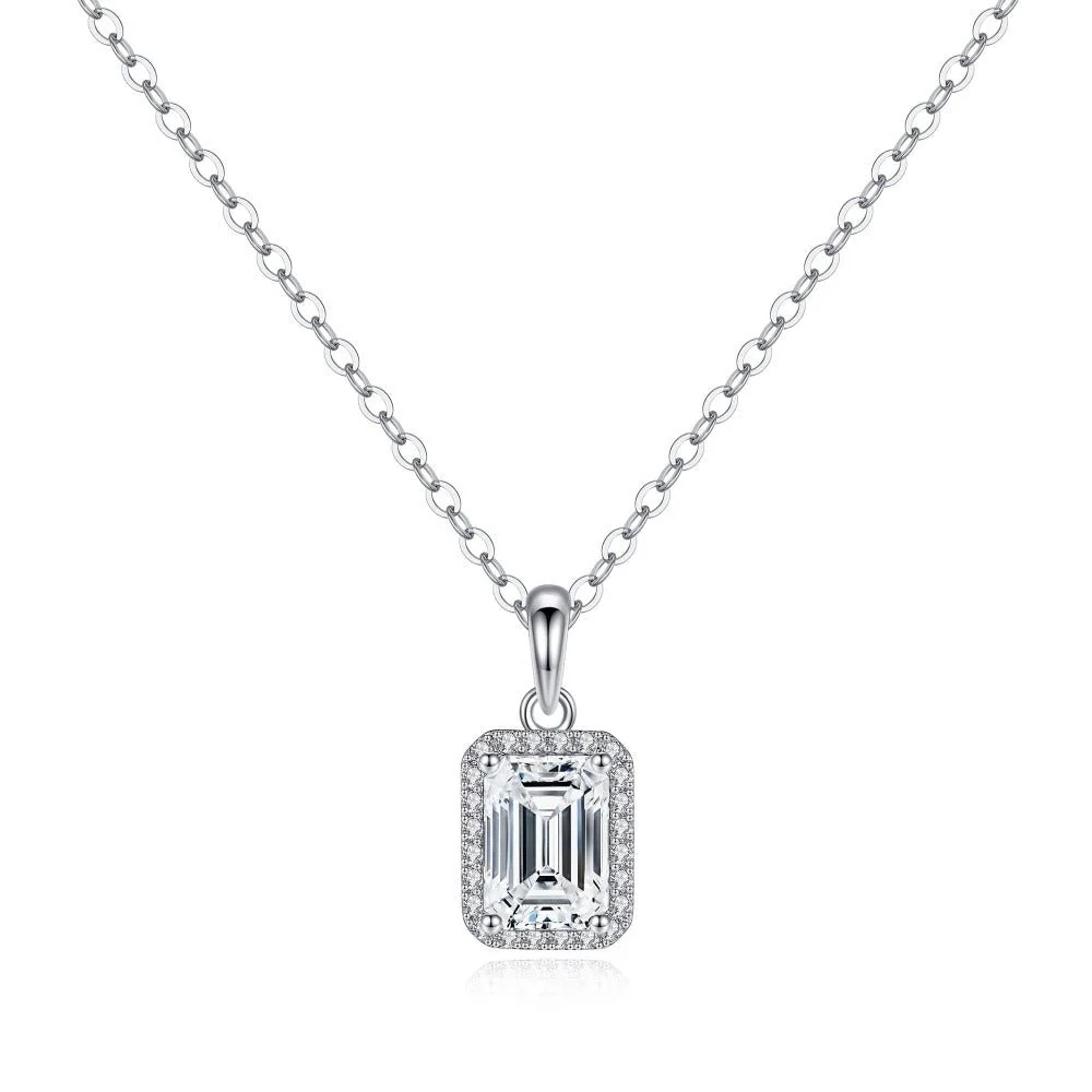 Emerald cut moissanite halo pendant necklace with pavé accents in rhodium-plated sterling silver top view-Novelle Vow