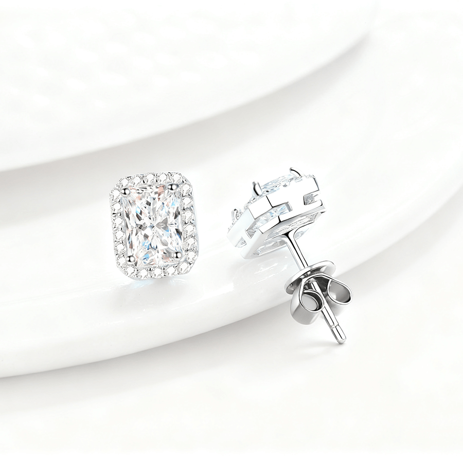 Emerald Cut Moissanite Halo Stud Earrings - Novelle Vow