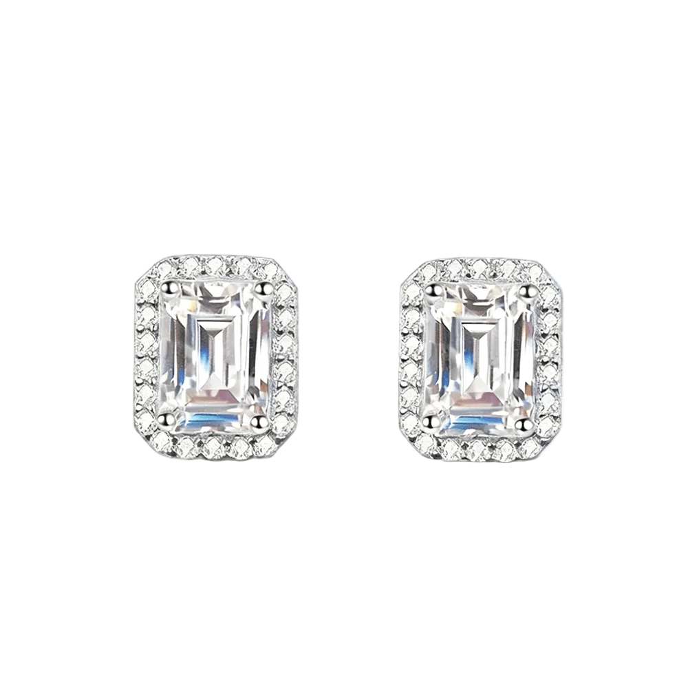Emerald Cut Moissanite Stud Earrings with Pave Halo Setting in White Gold - Novelle Vow