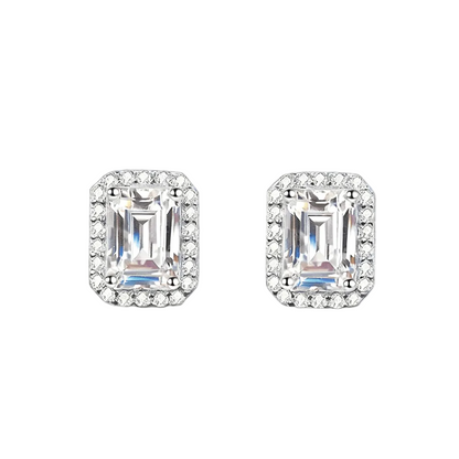 Emerald Cut Moissanite Stud Earrings with Pave Halo Setting in White Gold - Novelle Vow