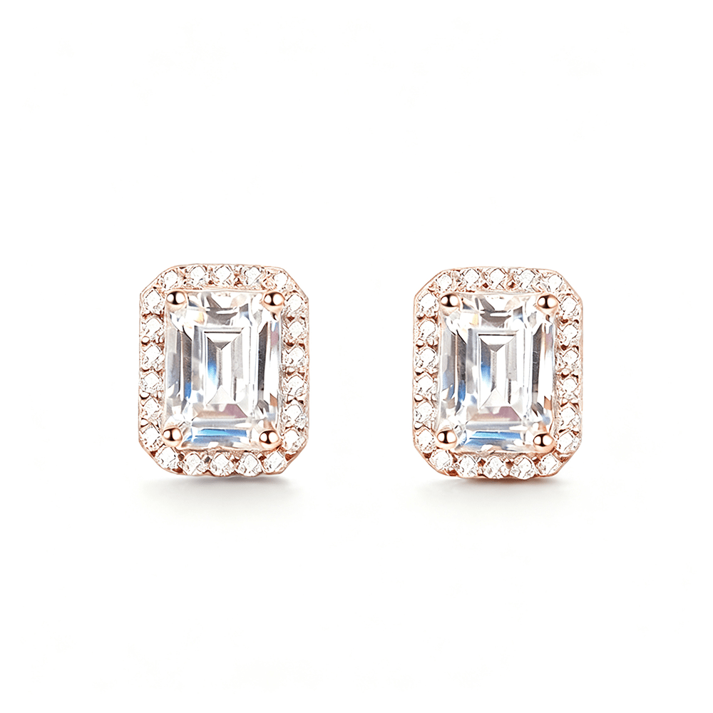 Emerald Cut Moissanite Stud Earrings with Pave Halo Setting in Rose Gold - Novelle Vow
