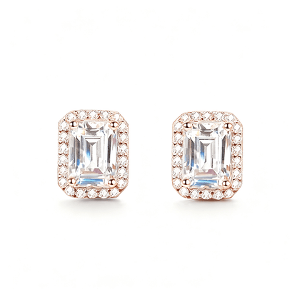 Emerald Cut Moissanite Stud Earrings with Pave Halo Setting in Rose Gold - Novelle Vow
