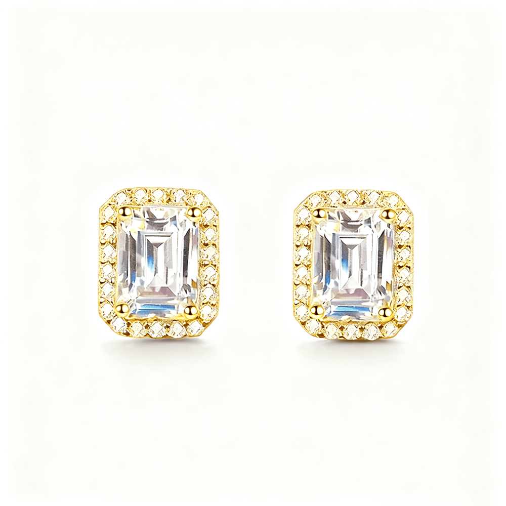 Emerald Cut Moissanite Stud Earrings with Pave Halo Setting in Yellow Gold - Novelle Vow