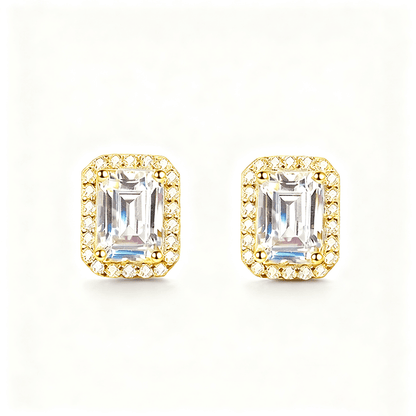 Emerald Cut Moissanite Stud Earrings with Pave Halo Setting in Yellow Gold - Novelle Vow