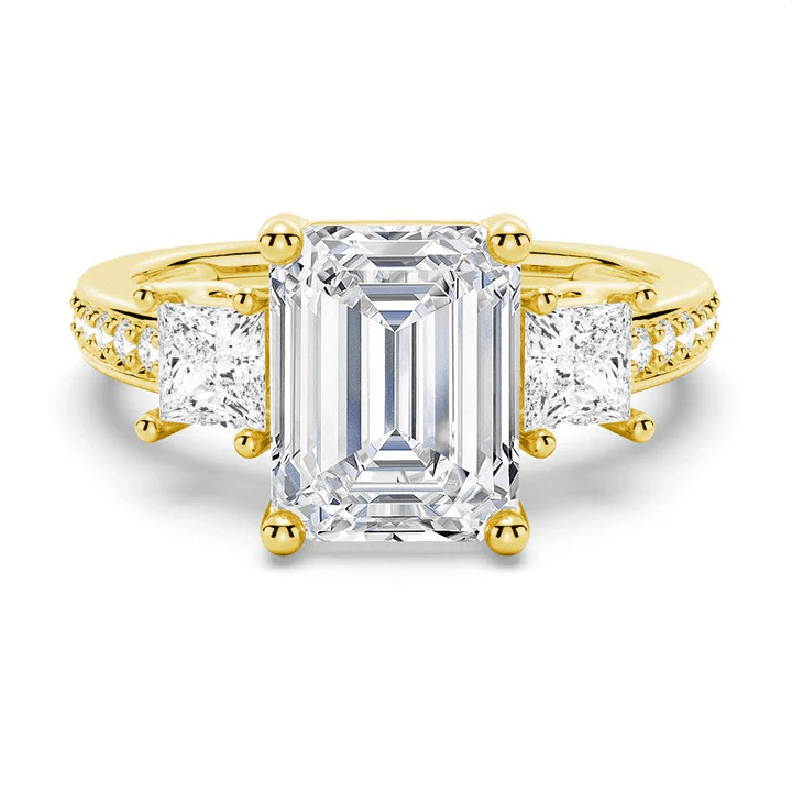EEmerald Cut Three Stone Moissanite Engagement Ring with Pave Band in Yellow Gold - Novelle Vow
