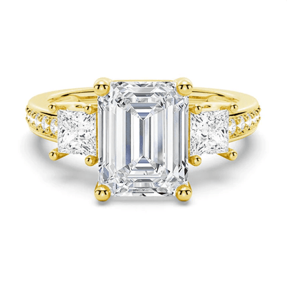 EEmerald Cut Three Stone Moissanite Engagement Ring with Pave Band in Yellow Gold - Novelle Vow