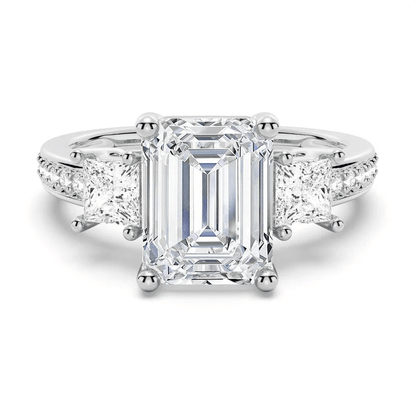 Emerald Cut Three Stone Moissanite Engagement Ring with Pave Band in White Gold - Novelle Vow
