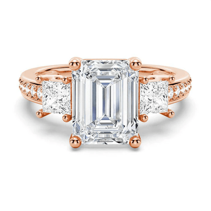 Emerald Cut Three Stone Moissanite Engagement Ring with Pave Band in Rose Gold - Novelle Vow
