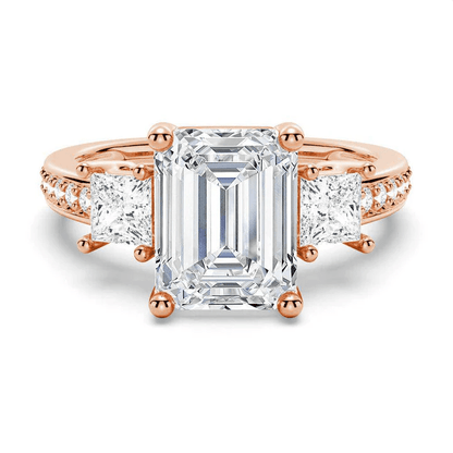Emerald Cut Three Stone Moissanite Engagement Ring with Pave Band in Rose Gold - Novelle Vow