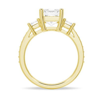 Profile view of Emerald Cut Three Stone Moissanite Engagement Ring with Pave Band in Yellow Gold 