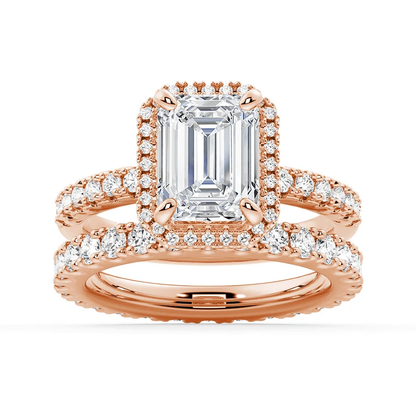 Rose gold emerald cut moissanite bridal set with halo engagement ring and matching pave wedding band