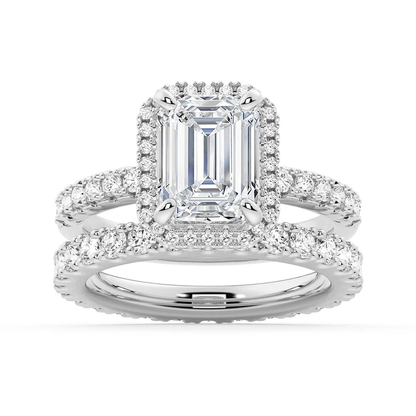 White gold emerald cut moissanite bridal set with halo engagement ring and matching pave wedding band-NOVELLE VOW