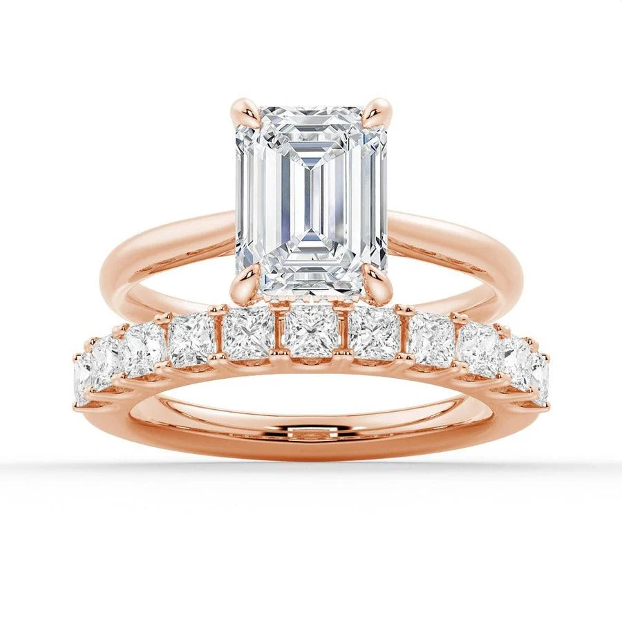 Emerald-Cut Moissanite Bridal Set with Princess-Cut Band