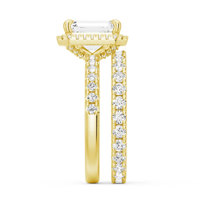Yellow gold emerald cut moissanite bridal set side profile showing stacked halo basket and pave band