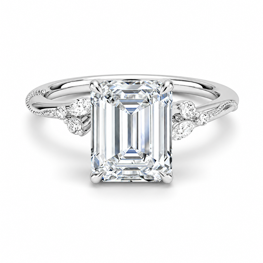 Emerald-Cut Moissanite Engagement Ring with Botanical Vine Band