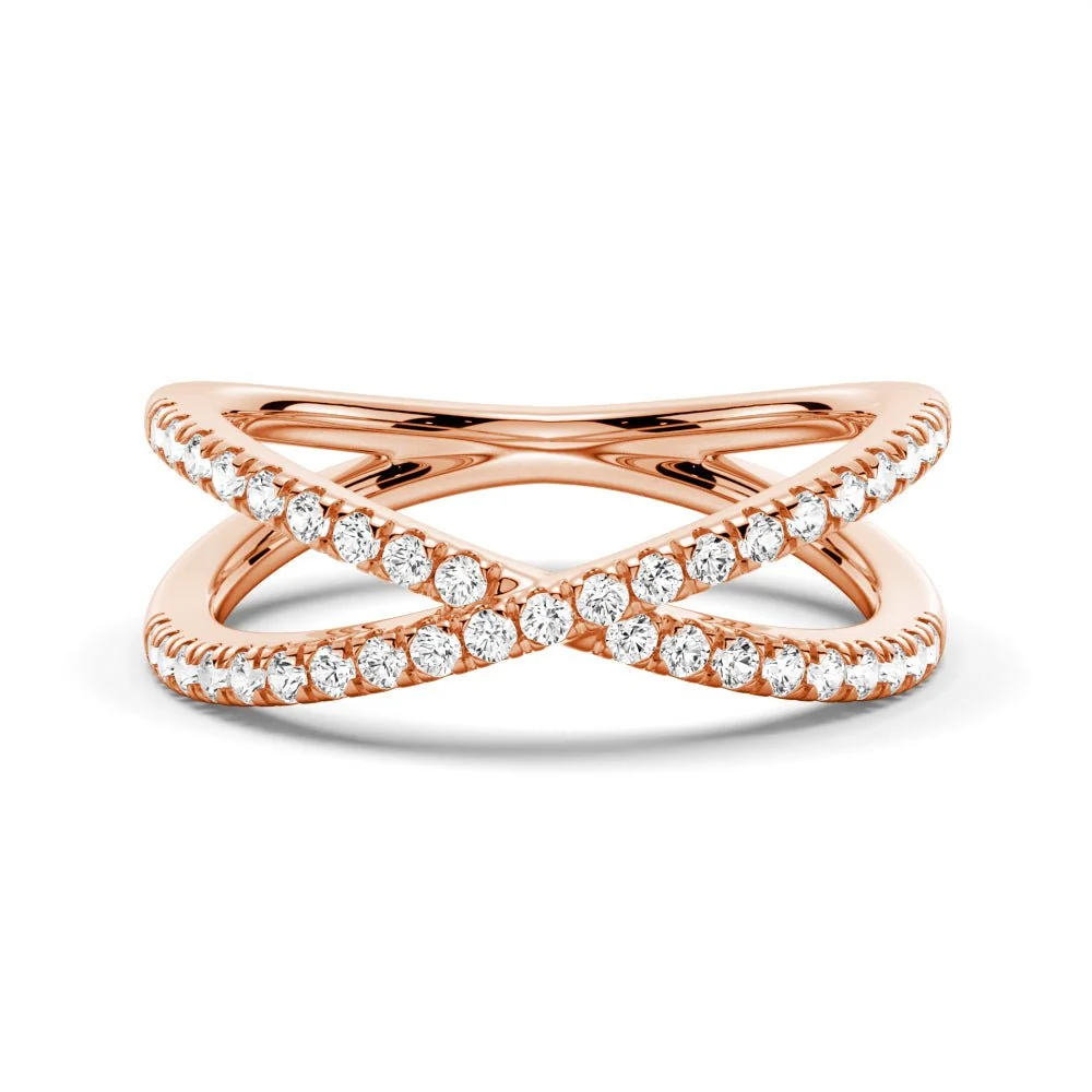 Front view of 1.6mm French pave round moissanite crossover wedding band in rose gold color
