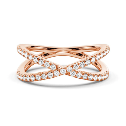 Front view of 1.6mm French pave round moissanite crossover wedding band in rose gold color
