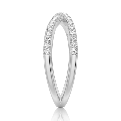 Edge view showing French pave moissanite crossover band structure in white gold color