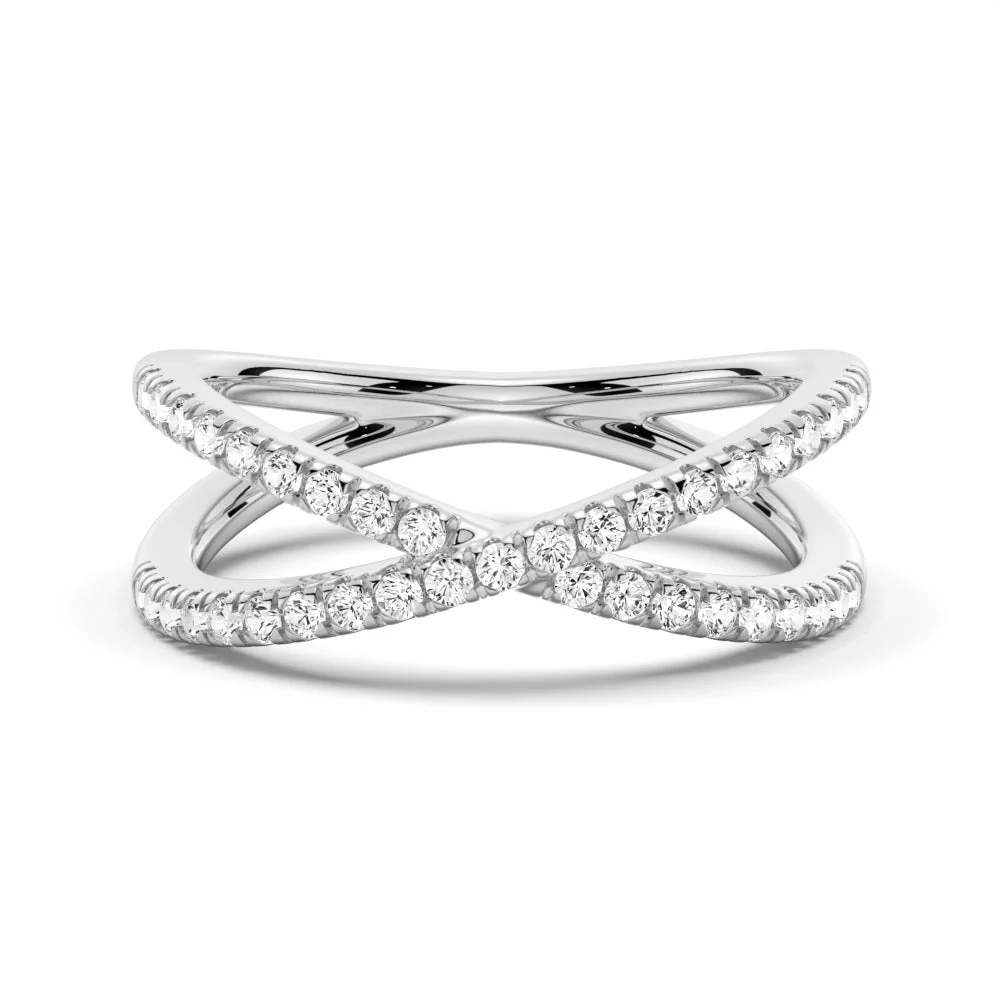 NOVELLE VOW front view of 1.6mm French pave round moissanite crossover wedding band in white gold color