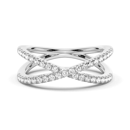 NOVELLE VOW front view of 1.6mm French pave round moissanite crossover wedding band in white gold color