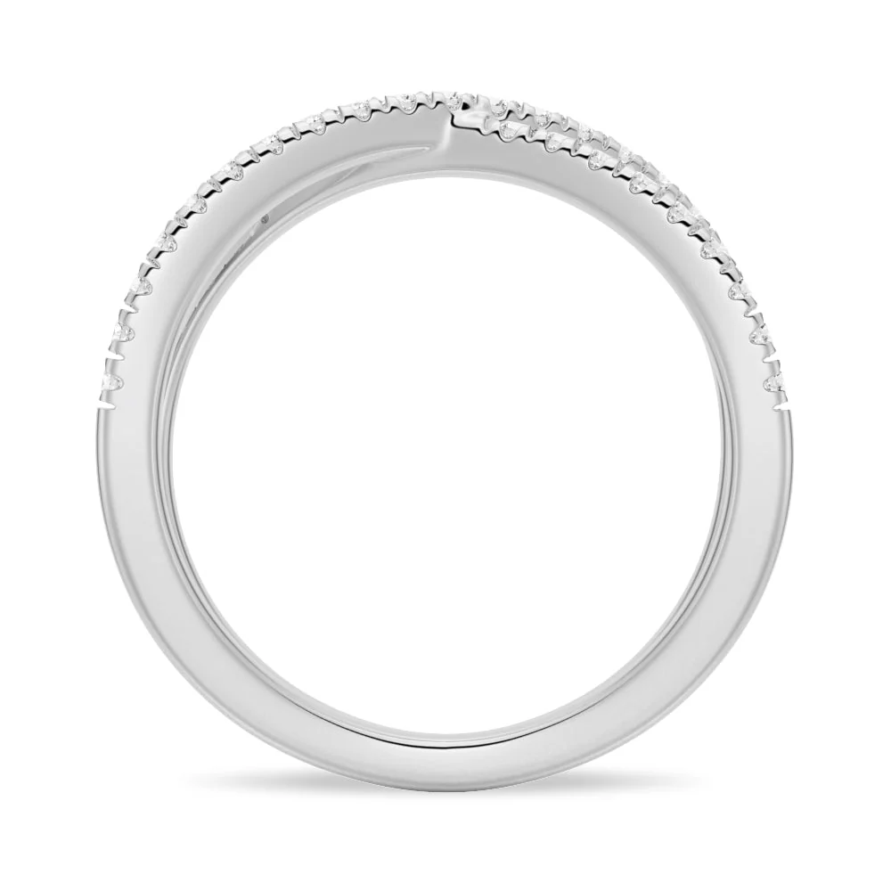 Full profile view of French pave moissanite crossover wedding band in white gold color